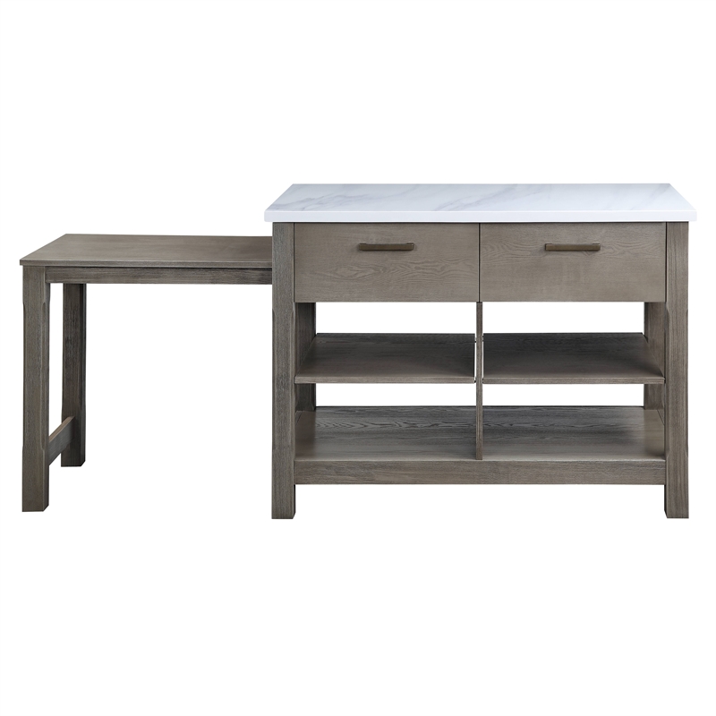 ACME Feivel Kitchen Island with Pull Out Table in Marble Top and Rustic Oak