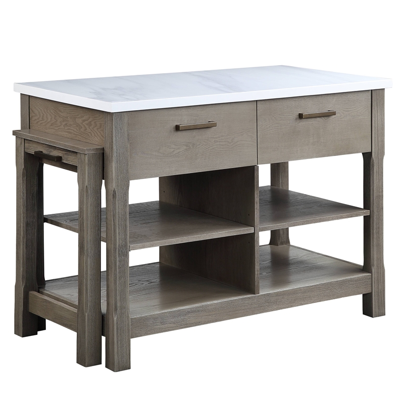 ACME Feivel Kitchen Island with Pull Out Table in Marble Top and Rustic Oak