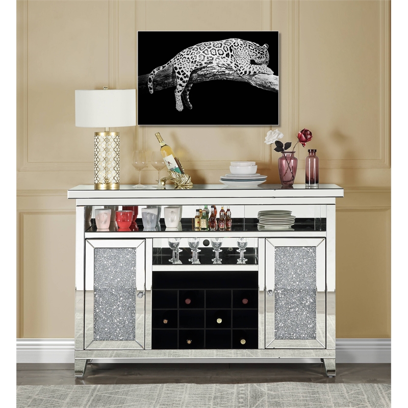 ACME Noralie Wood Frame Wine Cabinet with LED in Mirrored and Faux Diamonds
