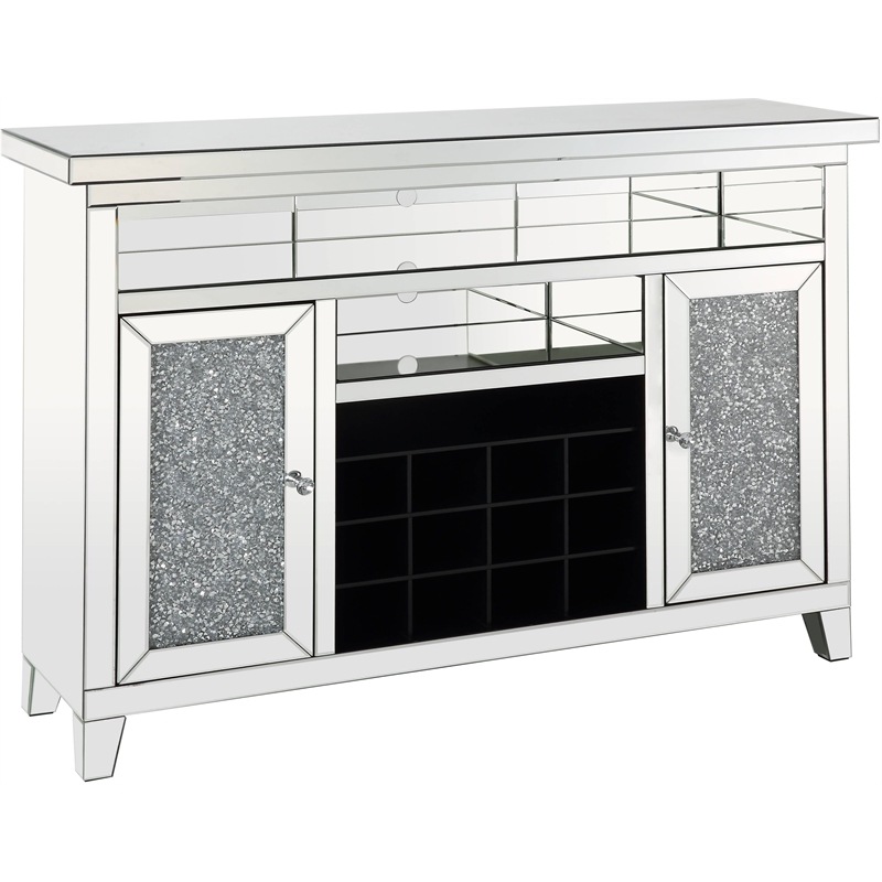 ACME Noralie Wood Frame Wine Cabinet with LED in Mirrored and Faux Diamonds