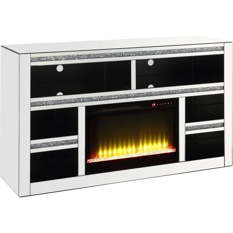 ACME Noralie TV Stand with Glass Fireplace in Mirrored and Faux Diamonds