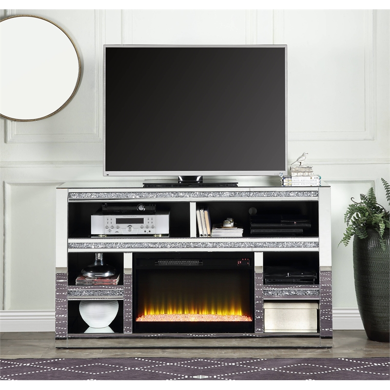 ACME Noralie TV Stand with Glass Fireplace in Mirrored and Faux Diamonds