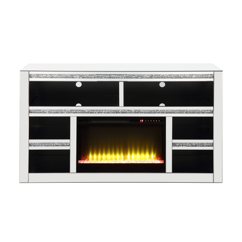 ACME Noralie TV Stand with Glass Fireplace in Mirrored and Faux Diamonds