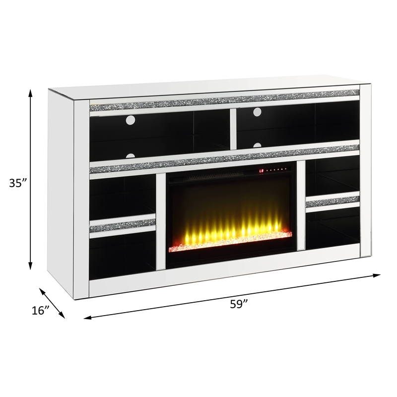 ACME Noralie TV Stand with Glass Fireplace in Mirrored and Faux Diamonds