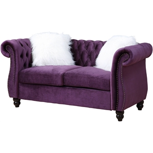 acme thotton loveseat with 2 pillows in purple velvet