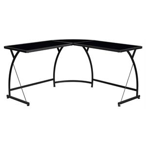 acme janison glass top l-shaped writing desk with metal frame in black