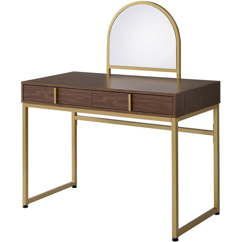 ACME Coleen Vanity Desk in Walnut & Gold Finish
