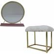 ACME Adao Vanity Mirror & Stool in Faux Fur Mirror Pink & Gold Finish