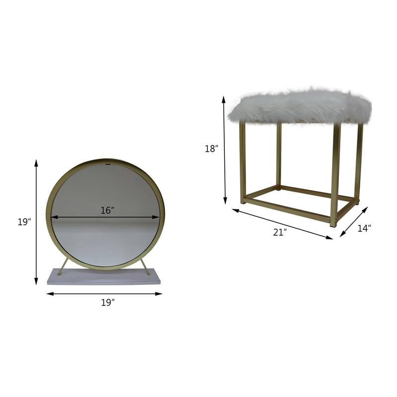 ACME Adao Vanity Mirror & Stool in Faux Fur Mirror White & Chrome Finish