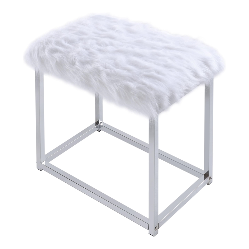 ACME Adao Vanity Mirror & Stool in Faux Fur Mirror White & Chrome Finish