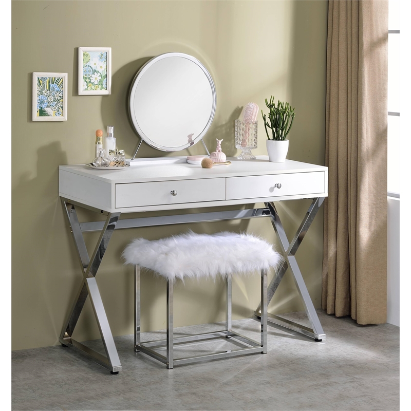 ACME Adao Vanity Mirror & Stool in Faux Fur Mirror White & Chrome Finish
