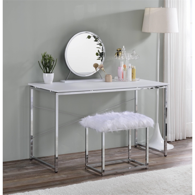 ACME Adao Vanity Mirror & Stool in Faux Fur Mirror White & Chrome Finish