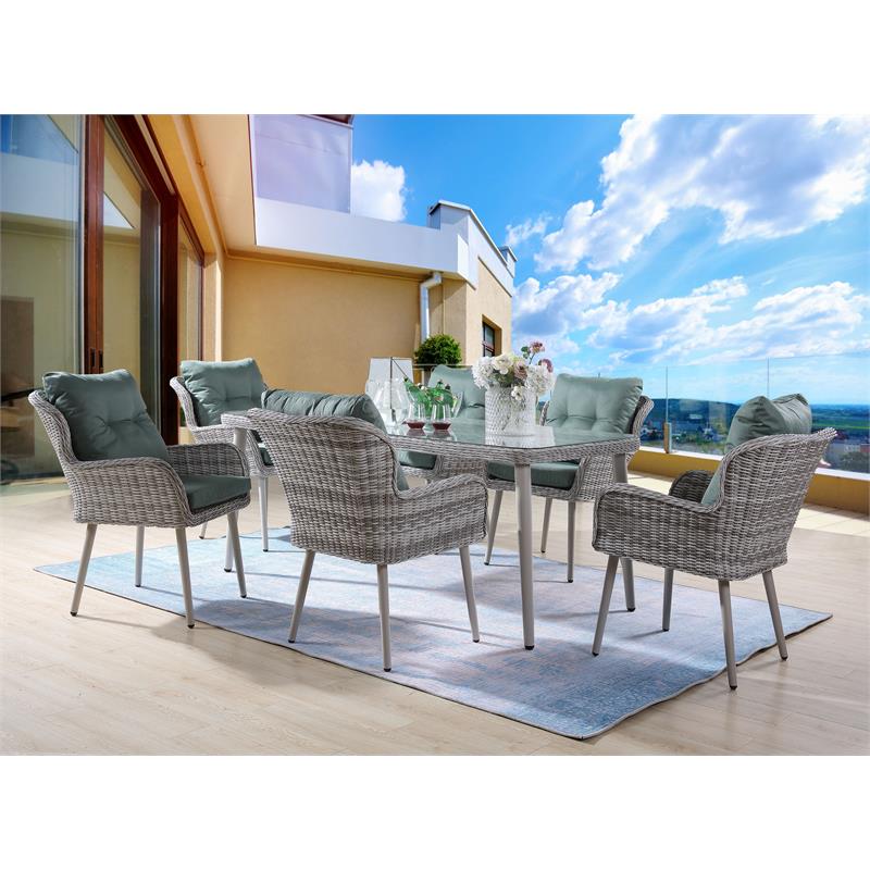 ACME Jenneva 7Pc Patio Dining Set in Night Green Fabric & Gray Finish