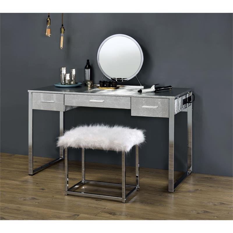 ACME Myles Vanity Set with USB Port in Antique White and Chrome Metal