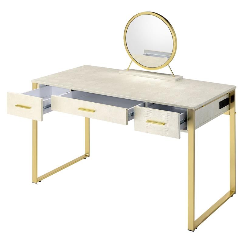 ACME Myles Vanity Set with USB Port in Antique White and Champagne Metal