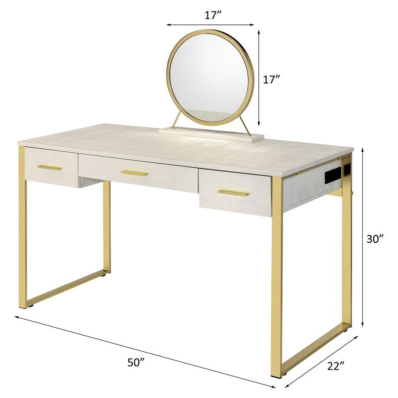 ACME Myles Vanity Set with USB Port in Antique White and Champagne Metal