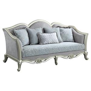 acme qunsia sofa with 5 pillows in light gray fabric and champagne