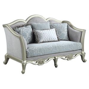 acme qunsia loveseat with 4 pillows in light gray fabric and champagne