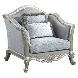 acme qunsia chair with 2 pillows in light gray fabric and champagne