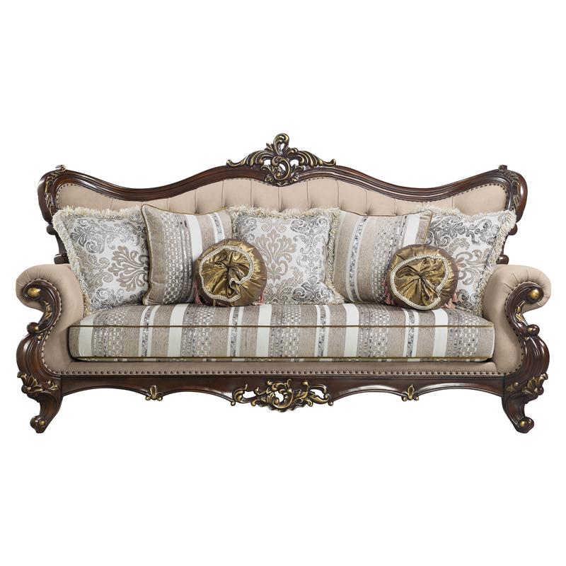 ACME Ragnar Sofa with 7 Pillows in Light Brown Fabric and Cherry