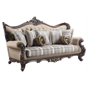 acme ragnar sofa with 7 pillows in light brown fabric and cherry