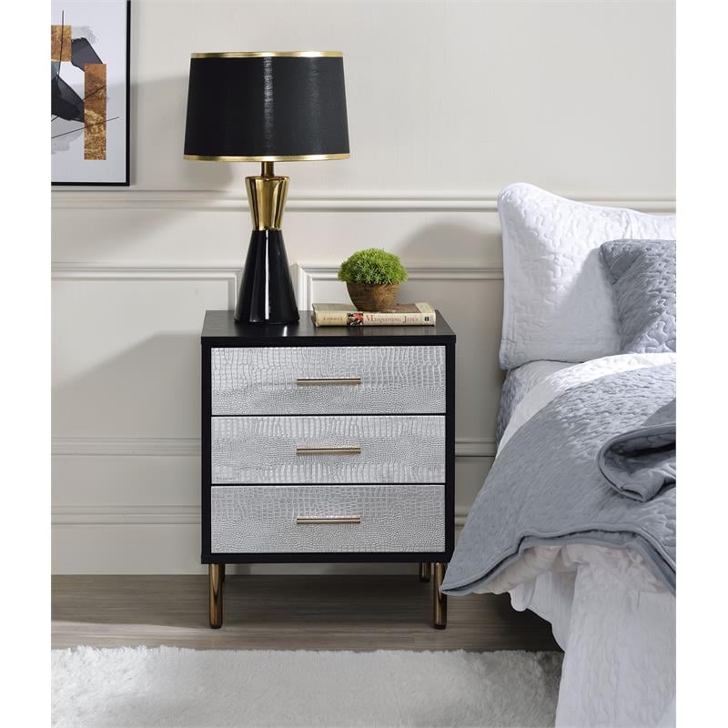ACME Myles Wooden Storage Nightstand in Black and Silver and Gold