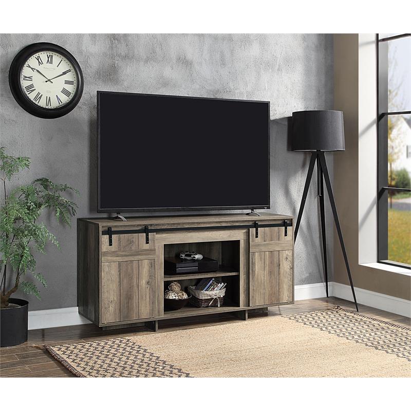 ACME Bellarosa Wooden Storage TV Stand with Barn Door in Rustic Oak