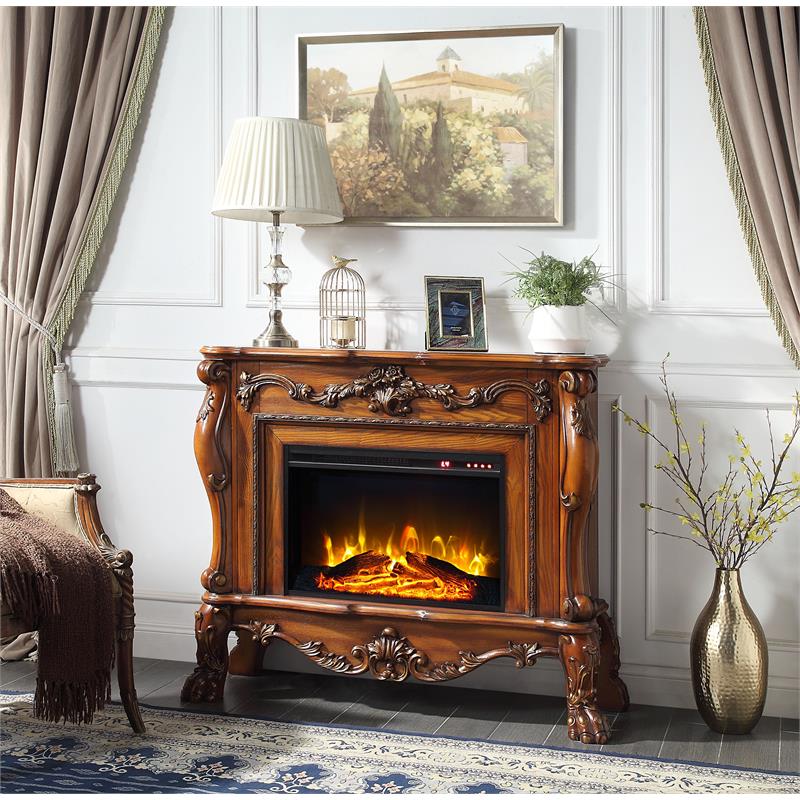 ACME Dresden Floral Molding Wooden Frame Grand Fireplace in Cherry Oak