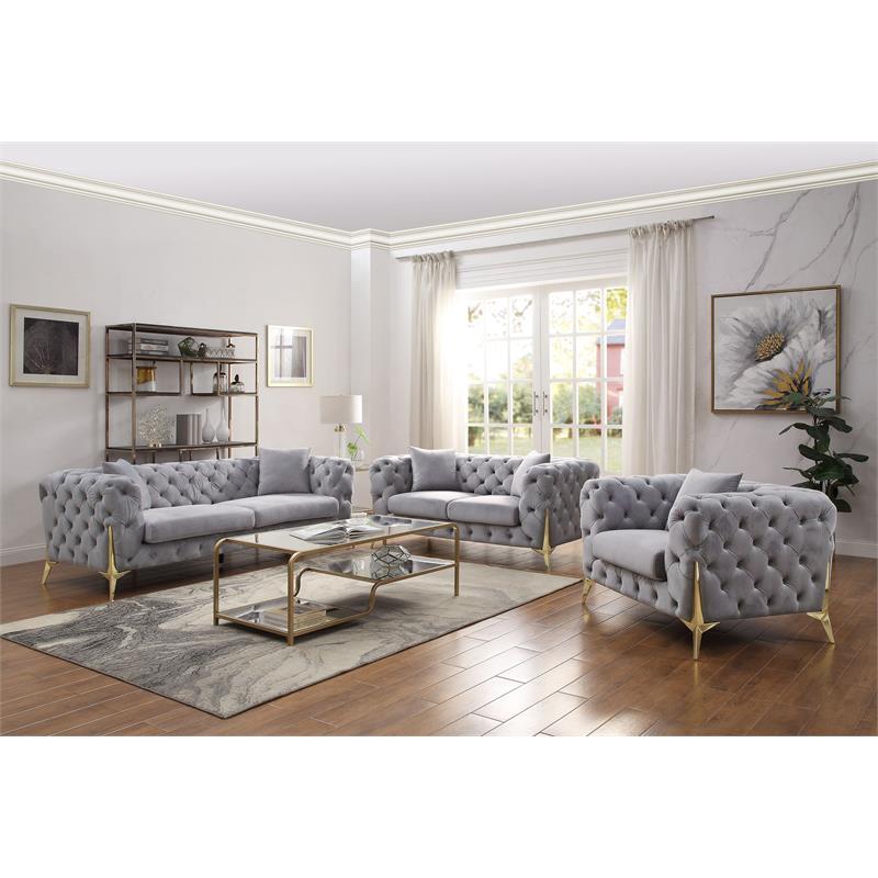 ACME Jelanea Velvet Tufted Upholstery Sofa with 2 Pillows in Gray and Gold