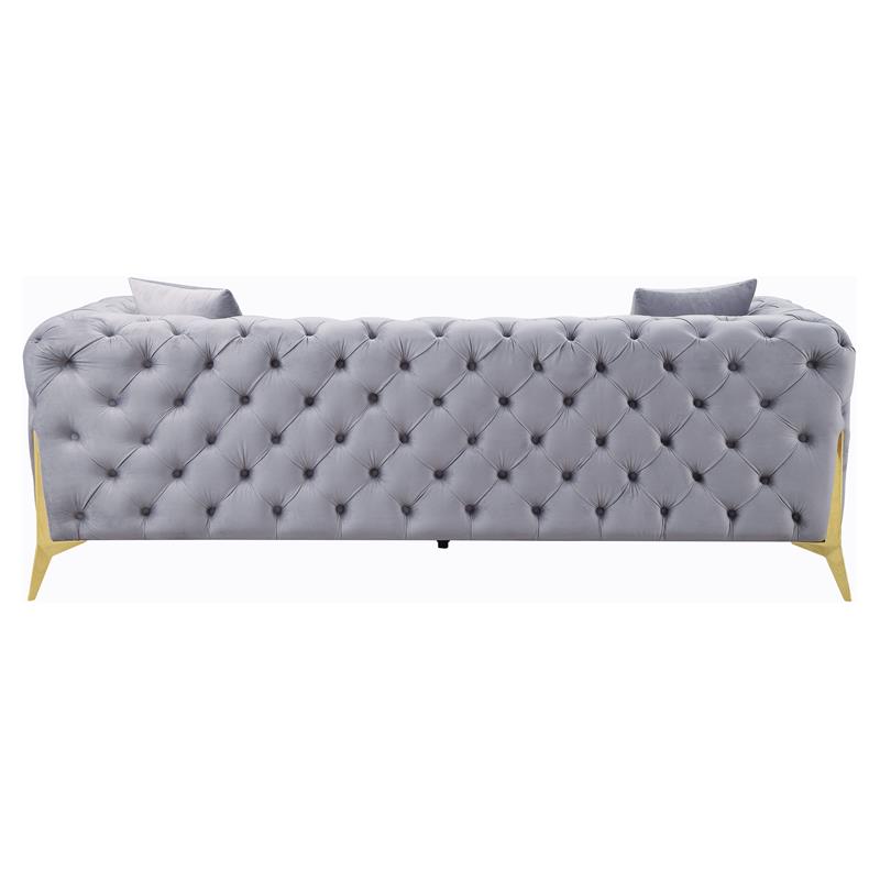 ACME Jelanea Velvet Tufted Upholstery Sofa with 2 Pillows in Gray and Gold