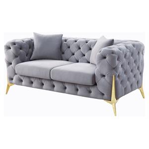 acme jelanea upholstery loveseat with 2 pillows in gray velvet and gold leg