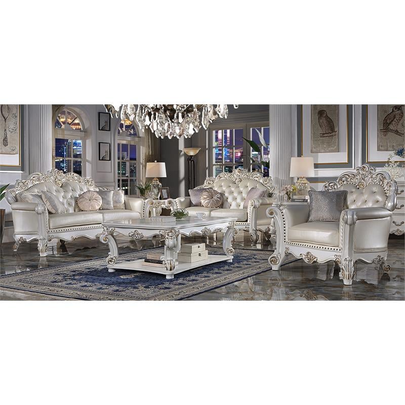 ACME Vendome Chair with Pillow in Champagne Polyurethane and Antique Pearl Beige