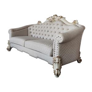 acme vendome ii sofa with 6 pillows in two tone ivory fabric and antique pearl