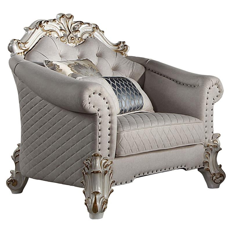 ACME Vendome II Chair with 2 Pillows in Two Tone Ivory Fabric and Antique Pearl