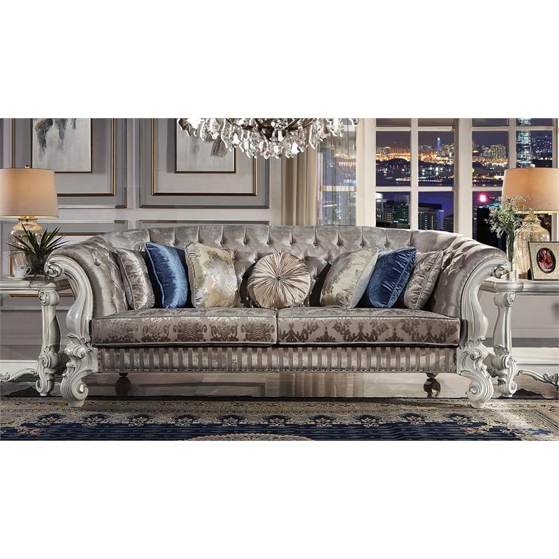 ACME Versailles Sofa with 7 Pillows in Ivory Fabric and Bone White