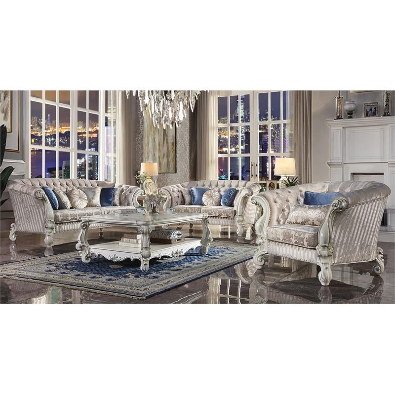 ACME Versailles Loveseat with 5 Pillows in Ivory Fabric and Bone White