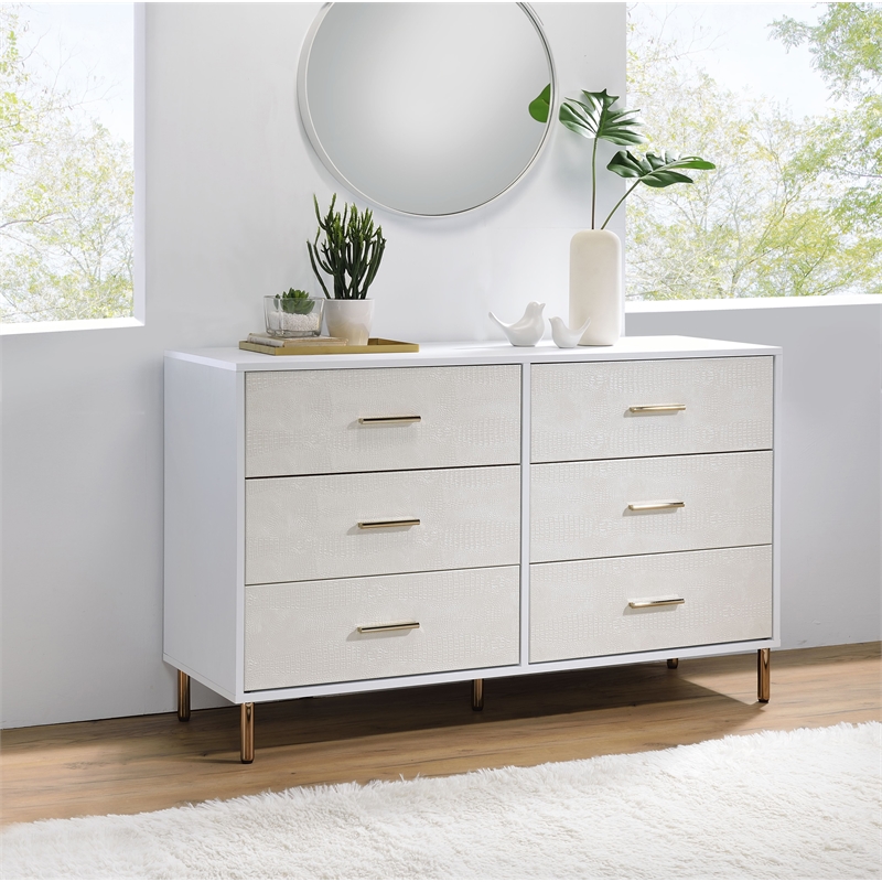 ACME Myles 6-Drawer Wooden Dresser in White and Champagne and Gold