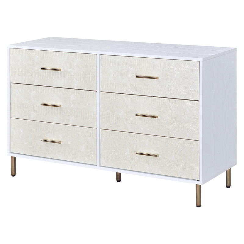 ACME Myles 6-Drawer Wooden Dresser in White and Champagne and Gold