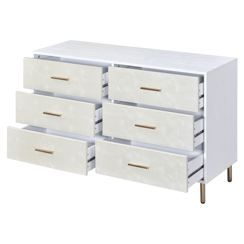 ACME Myles 6-Drawer Wooden Dresser in White and Champagne and Gold