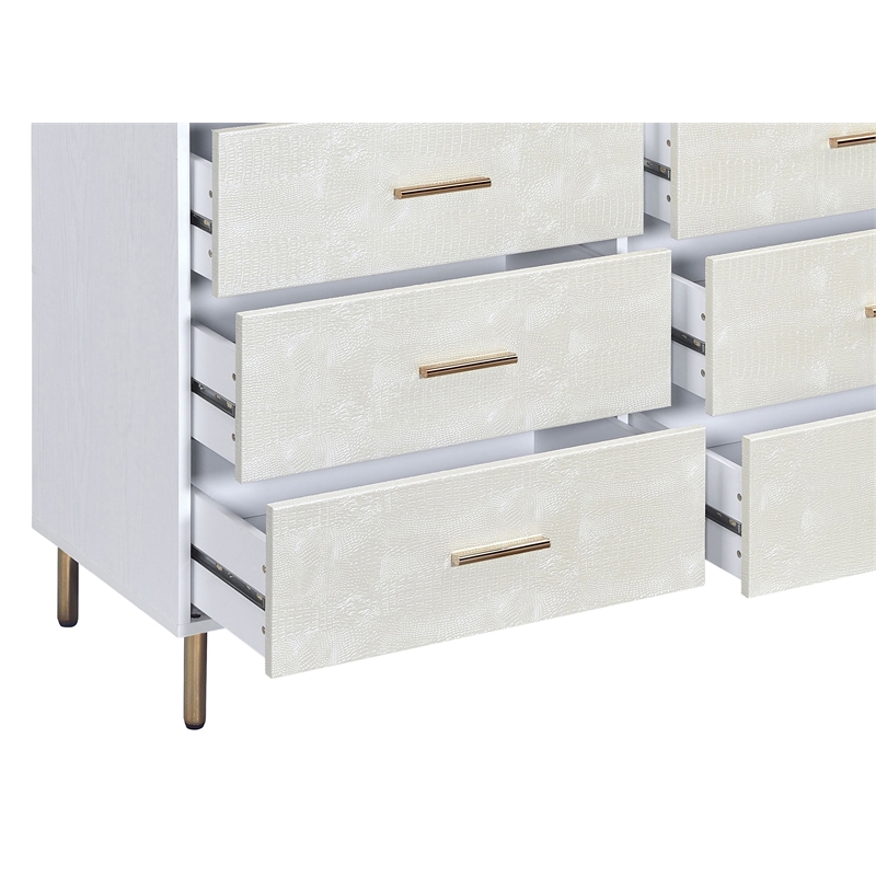 ACME Myles 6-Drawer Wooden Dresser in White and Champagne and Gold