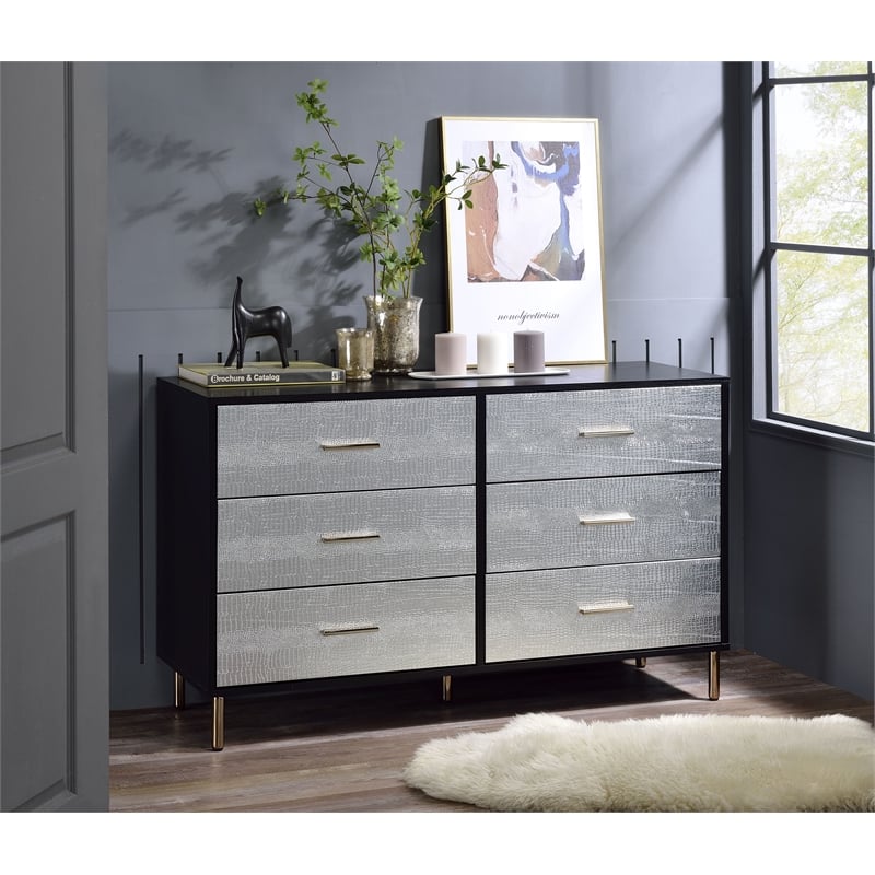 ACME Myles 6-Drawer Wooden Dresser in Black and Silver and Gold
