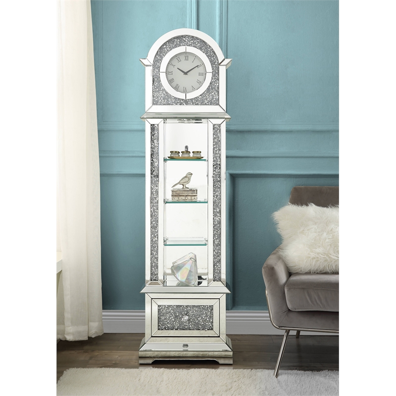 ACME Noralie Wood Frame Grandfather Clock with LED in Mirrored and Faux Diamonds
