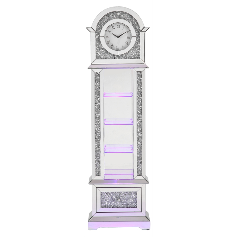 ACME Noralie Wood Frame Grandfather Clock with LED in Mirrored and Faux Diamonds