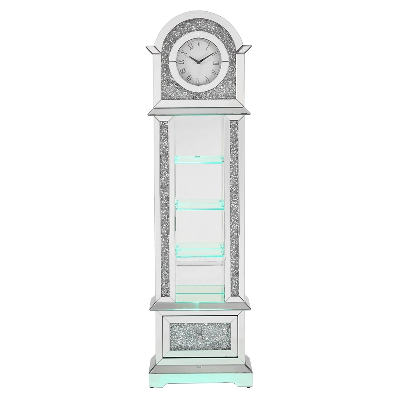 ACME Noralie Wood Frame Grandfather Clock with LED in Mirrored and Faux Diamonds