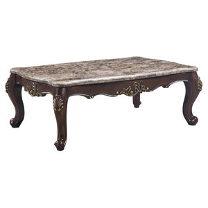 acme ragnar wooden rectangle coffee table in brown marble top and cherry
