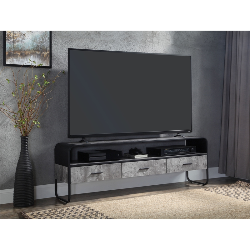 ACME Raziela Storage TV Stand in Concrete Gray and Black Metal Frame