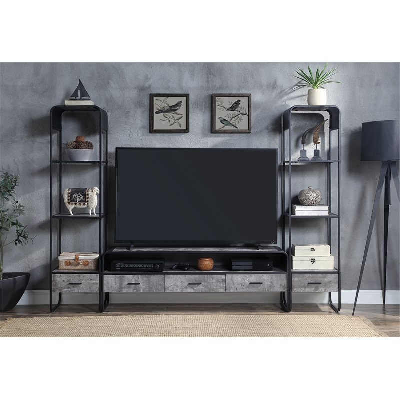 ACME Raziela Storage TV Stand in Concrete Gray and Black Metal Frame