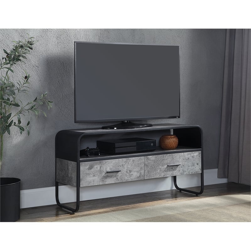 acme raziela storage tv stand in concrete gray and black metal frame