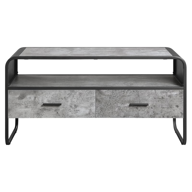 acme raziela storage tv stand in concrete gray and black metal frame