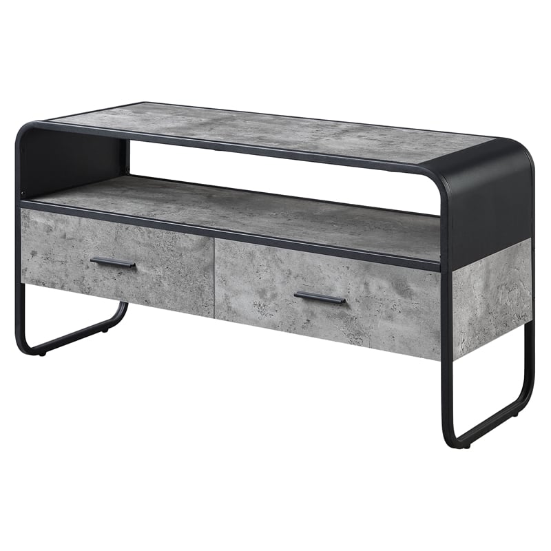 acme raziela storage tv stand in concrete gray and black metal frame